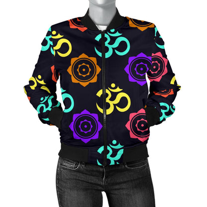 Chakra OM Print Pattern Women Casual Bomber Jacket