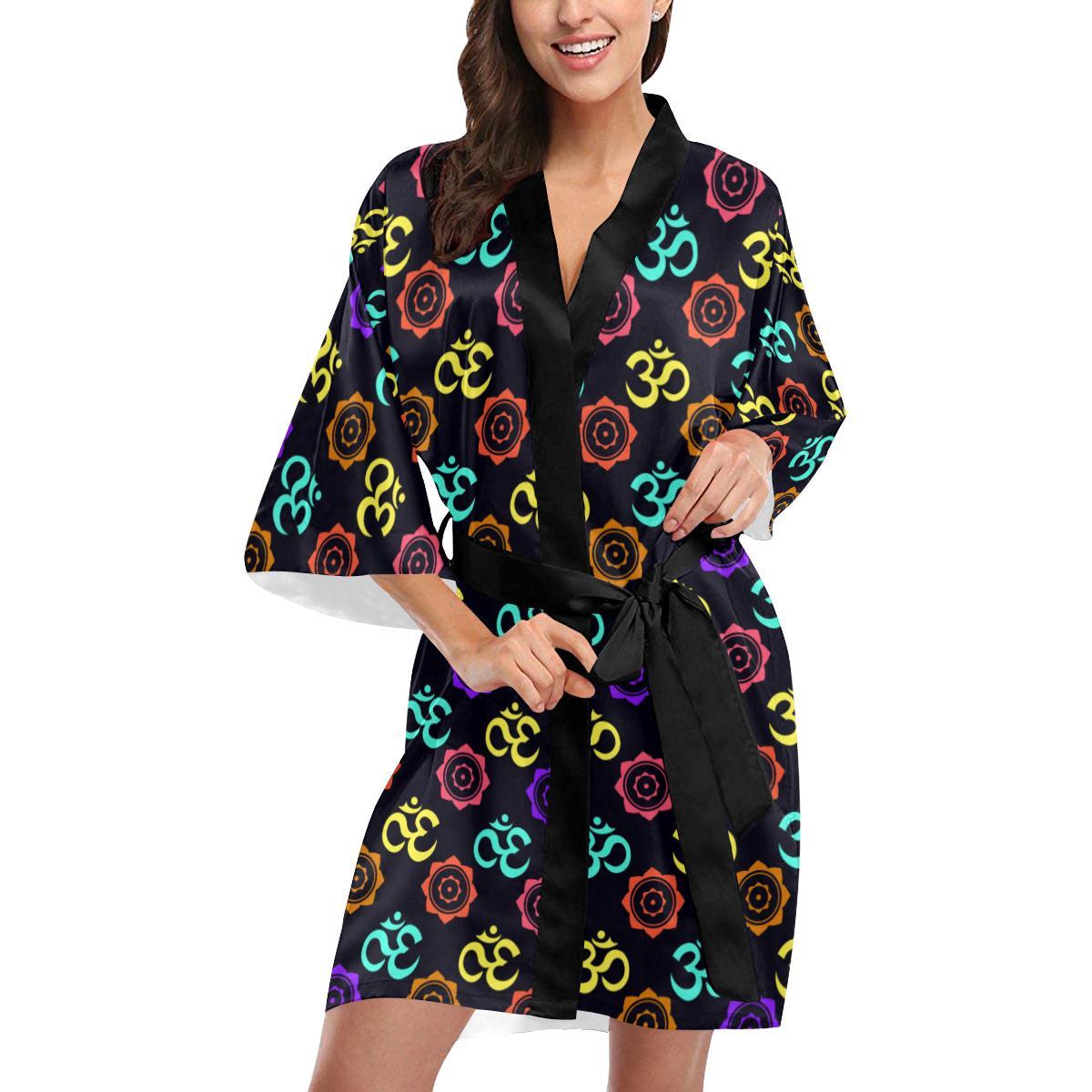Chakra OM Print Pattern Women Short Kimono Robe