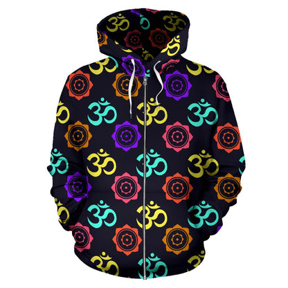 Chakra OM Print Pattern Zip Up Hoodie