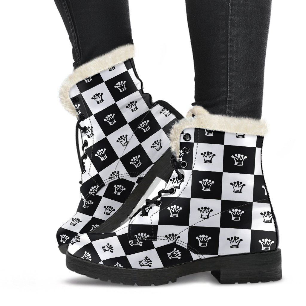 Checkered Flag Crown Pattern Faux Fur Leather Boots-JTAMIGO.COM