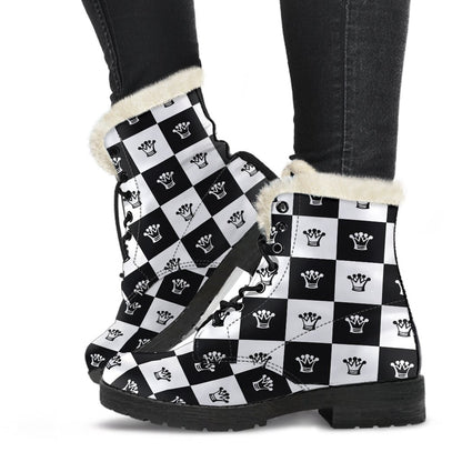 Checkered Flag Crown Pattern Faux Fur Leather Boots-JTAMIGO.COM