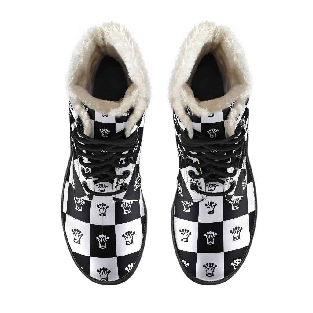 Checkered Flag Crown Pattern Faux Fur Leather Boots-JTAMIGO.COM