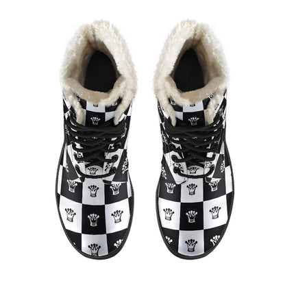 Checkered Flag Crown Pattern Faux Fur Leather Boots-JTAMIGO.COM
