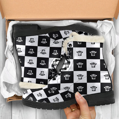 Checkered Flag Crown Pattern Faux Fur Leather Boots-JTAMIGO.COM