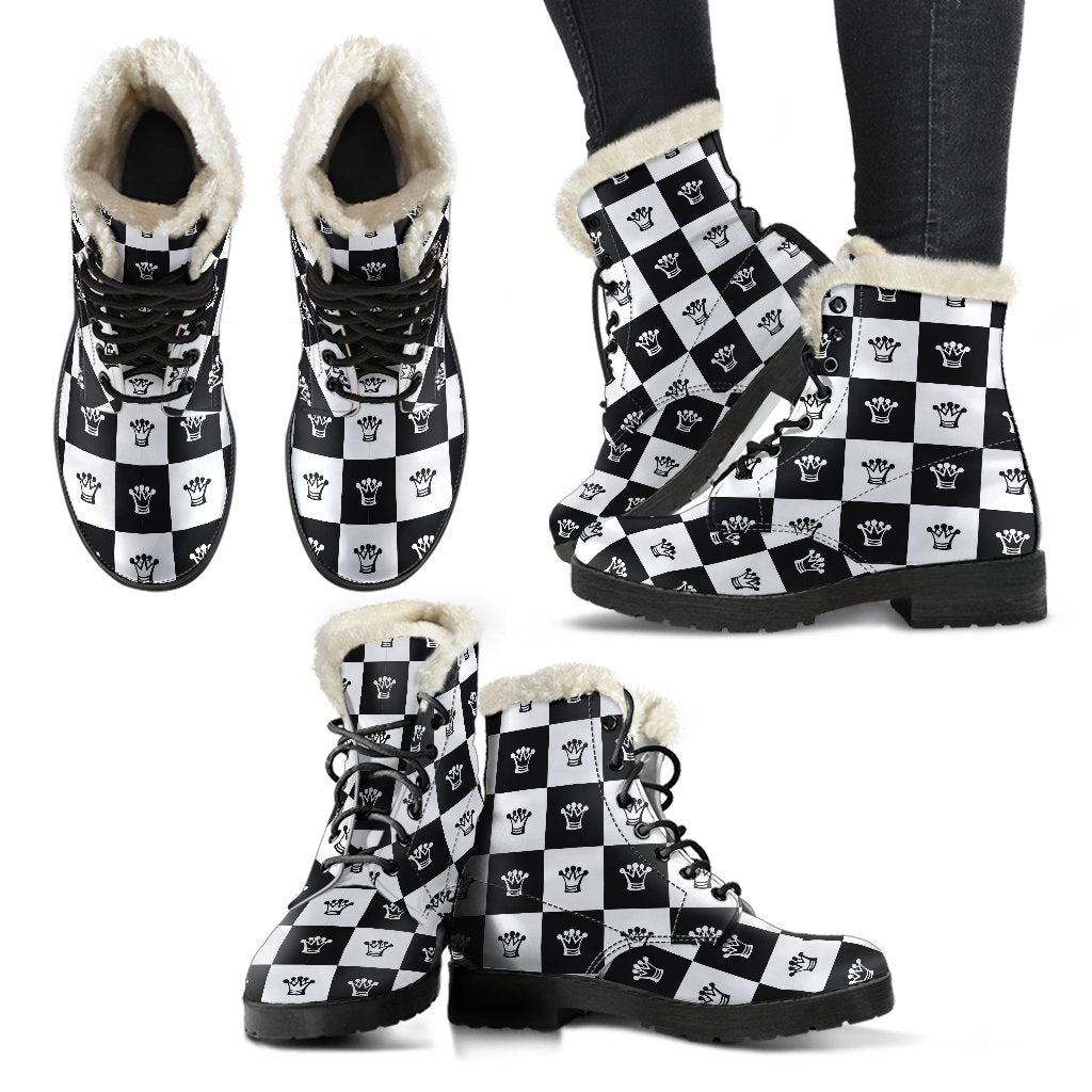 Checkered Flag Crown Pattern Faux Fur Leather Boots-JTAMIGO.COM