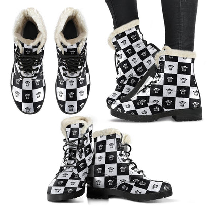 Checkered Flag Crown Pattern Faux Fur Leather Boots-JTAMIGO.COM