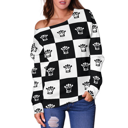 Checkered Flag Crown Pattern Off Shoulder Sweatshirt