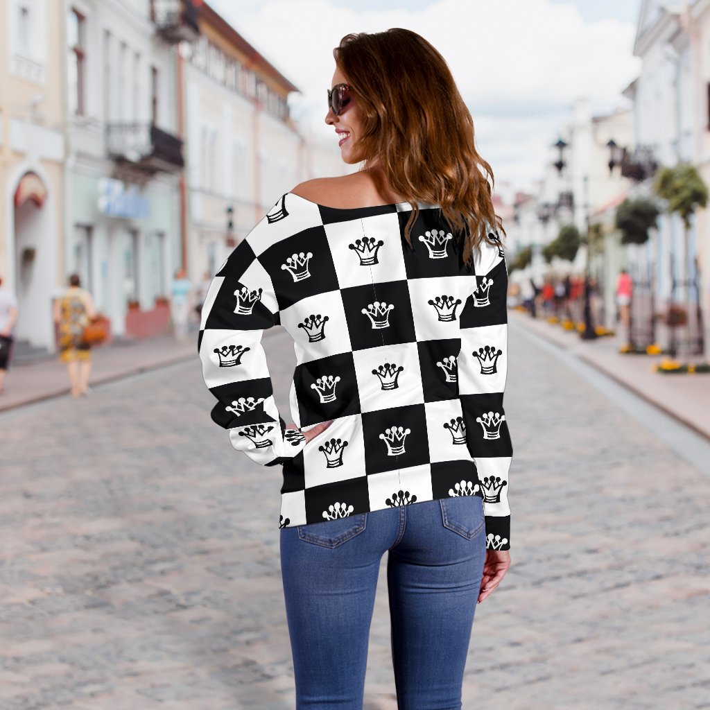Checkered Flag Crown Pattern Off Shoulder Sweatshirt