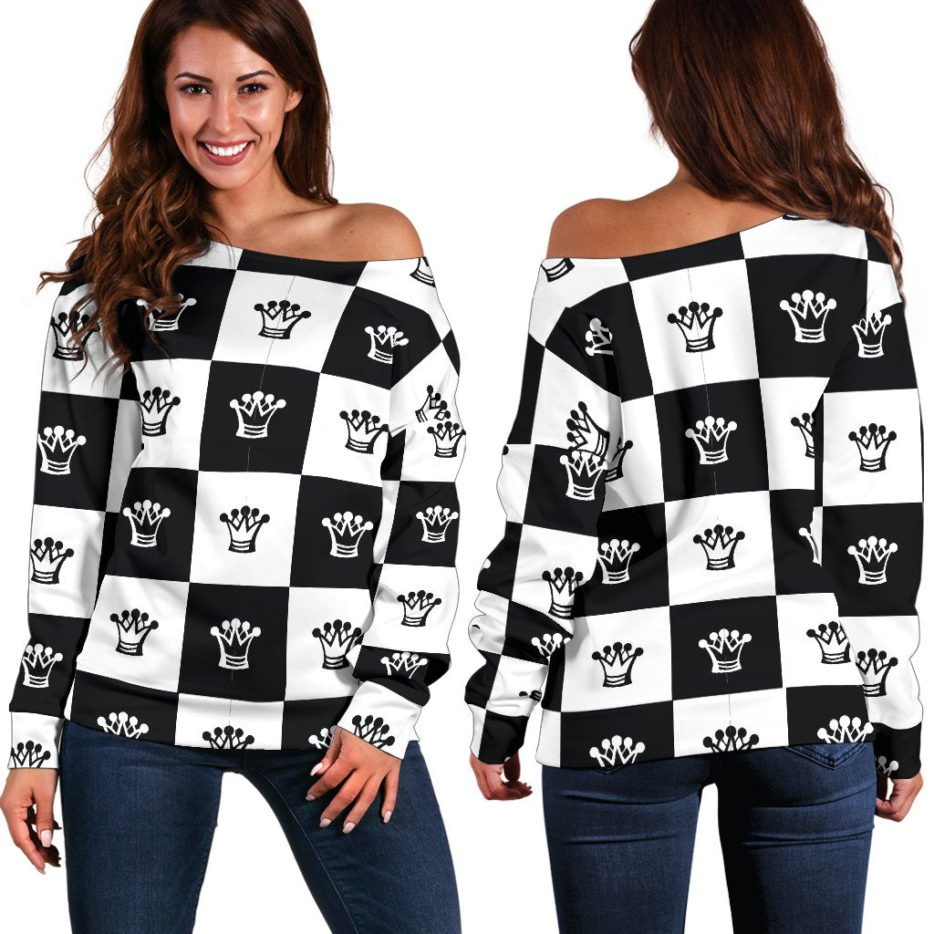 Checkered Flag Crown Pattern Off Shoulder Sweatshirt