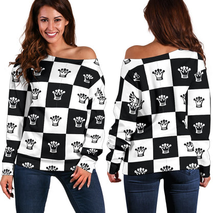 Checkered Flag Crown Pattern Off Shoulder Sweatshirt
