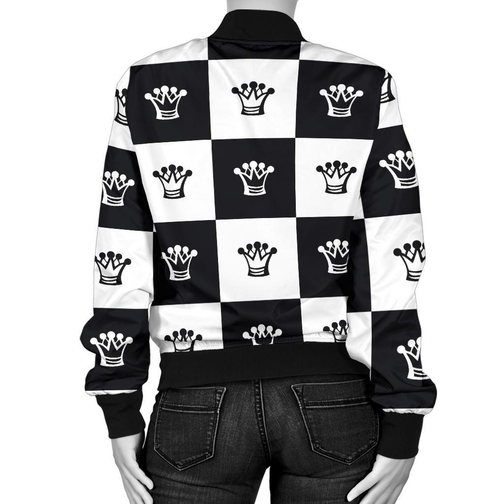 Checkered Flag Crown Pattern Women Casual Bomber Jacket