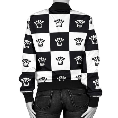 Checkered Flag Crown Pattern Women Casual Bomber Jacket