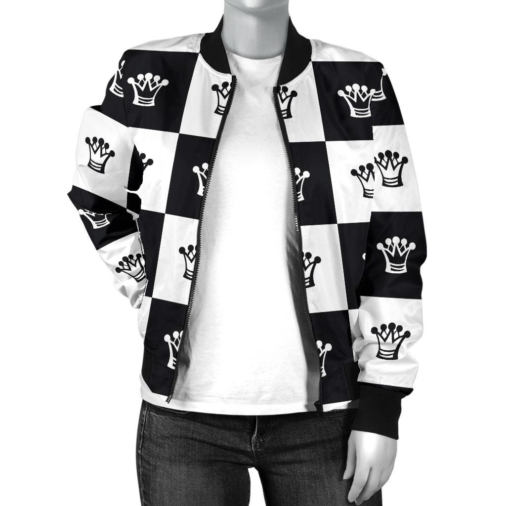 Checkered Flag Crown Pattern Women Casual Bomber Jacket