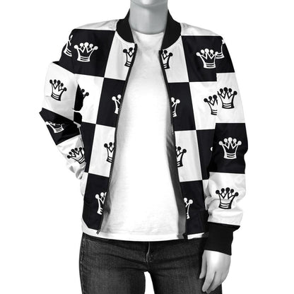 Checkered Flag Crown Pattern Women Casual Bomber Jacket