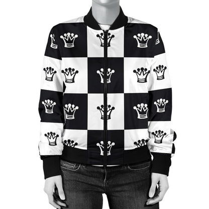 Checkered Flag Crown Pattern Women Casual Bomber Jacket