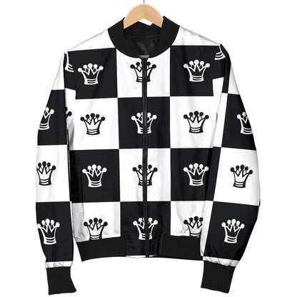 Checkered Flag Crown Pattern Women Casual Bomber Jacket