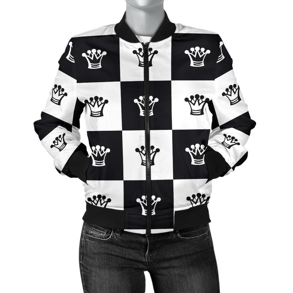 Checkered Flag Crown Pattern Women Casual Bomber Jacket
