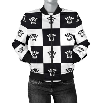 Checkered Flag Crown Pattern Women Casual Bomber Jacket
