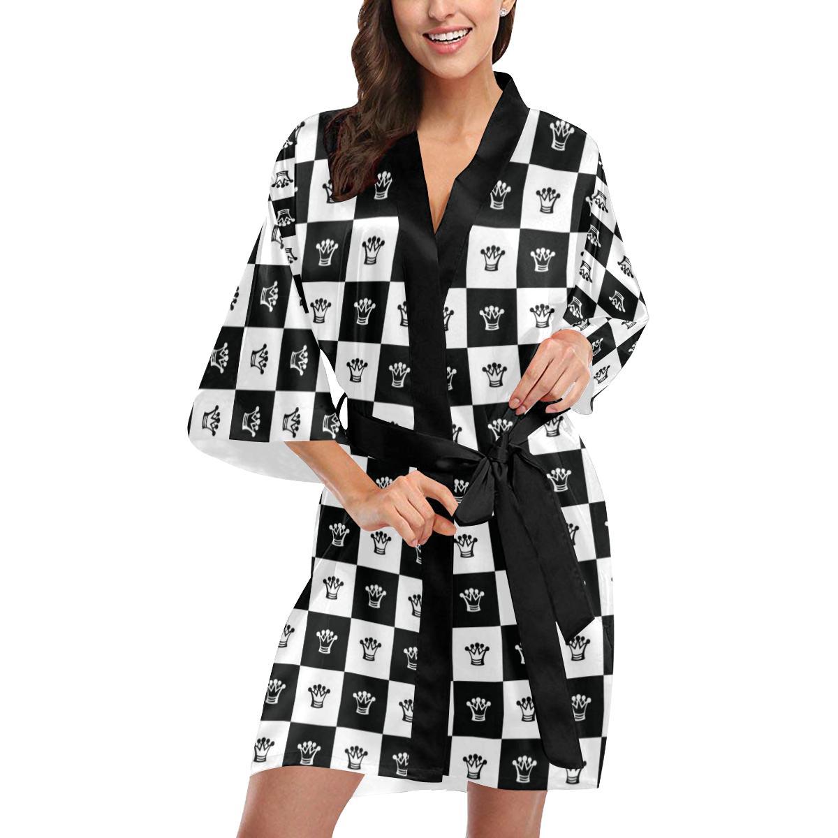 Checkered Flag Crown Pattern Women Short Kimono Robe