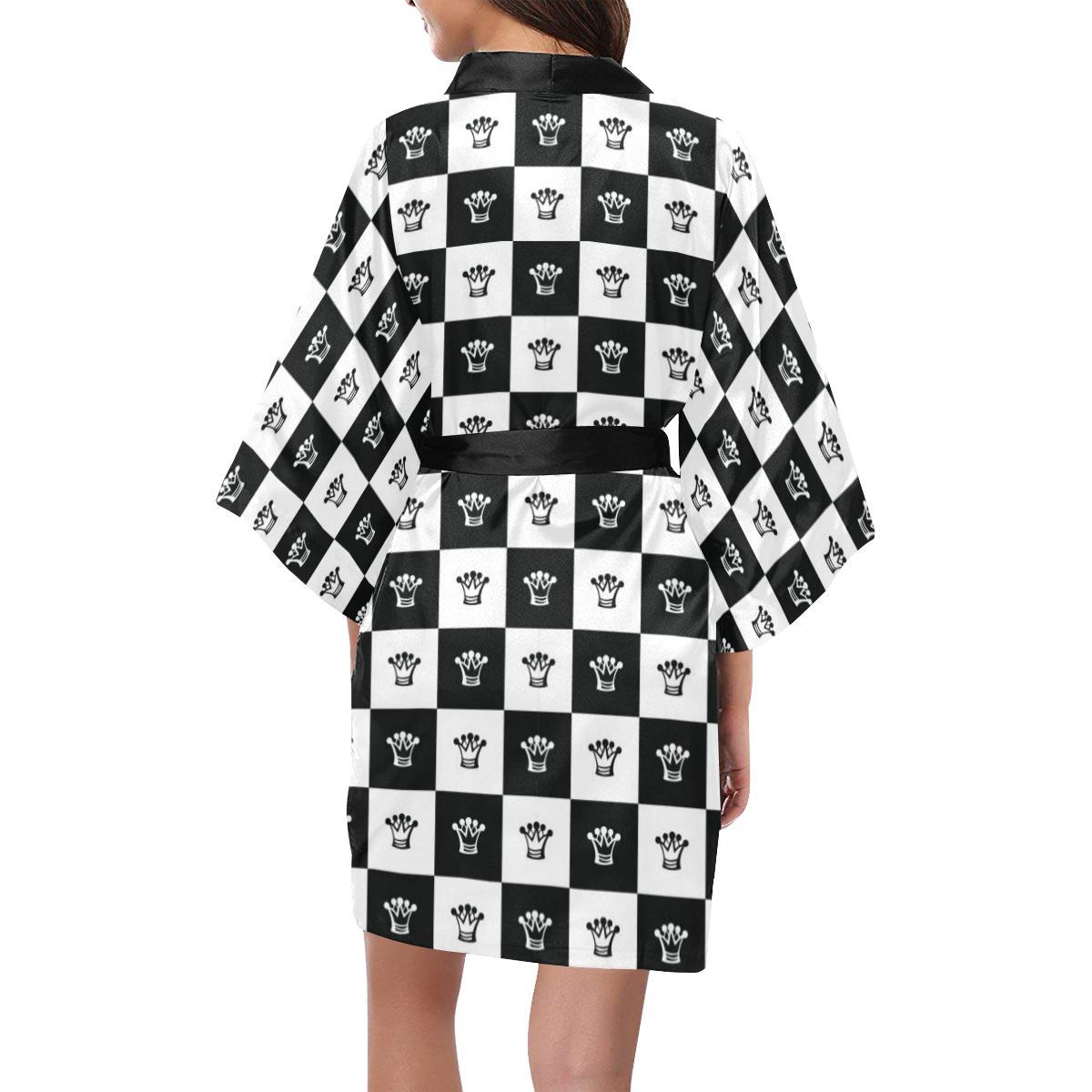 Checkered Flag Crown Pattern Women Short Kimono Robe