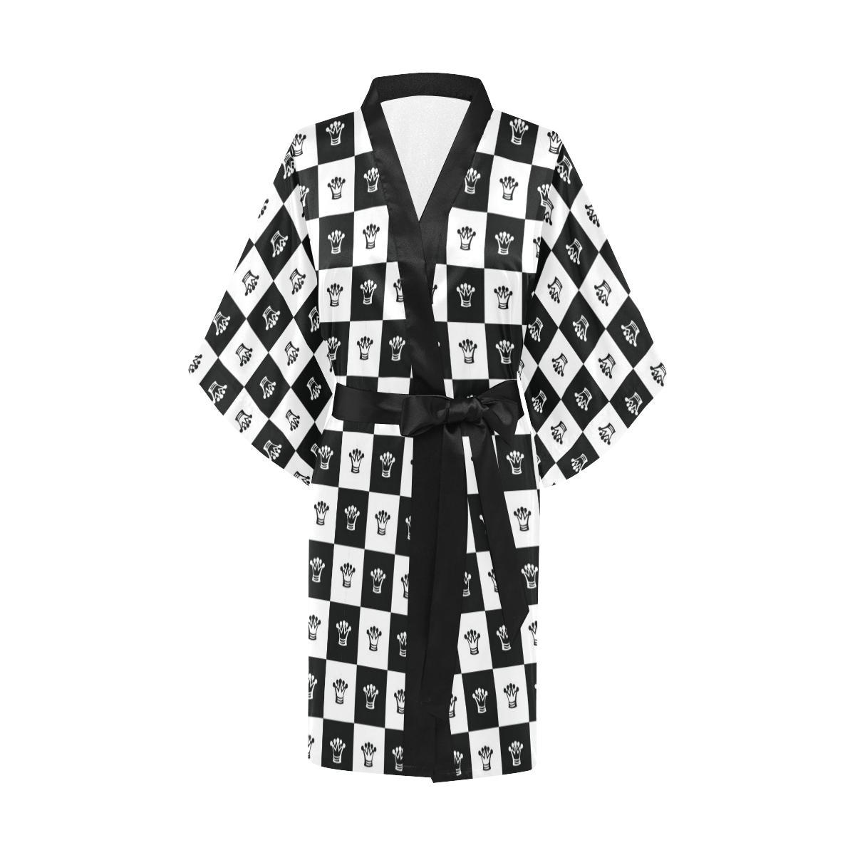 Checkered Flag Crown Pattern Women Short Kimono Robe