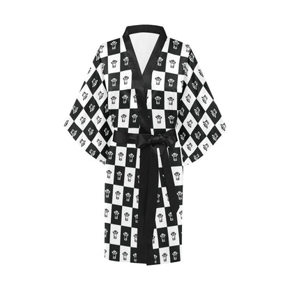 Checkered Flag Crown Pattern Women Short Kimono Robe