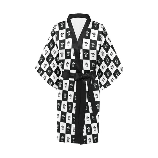 Checkered Flag Crown Pattern Women Short Kimono Robe