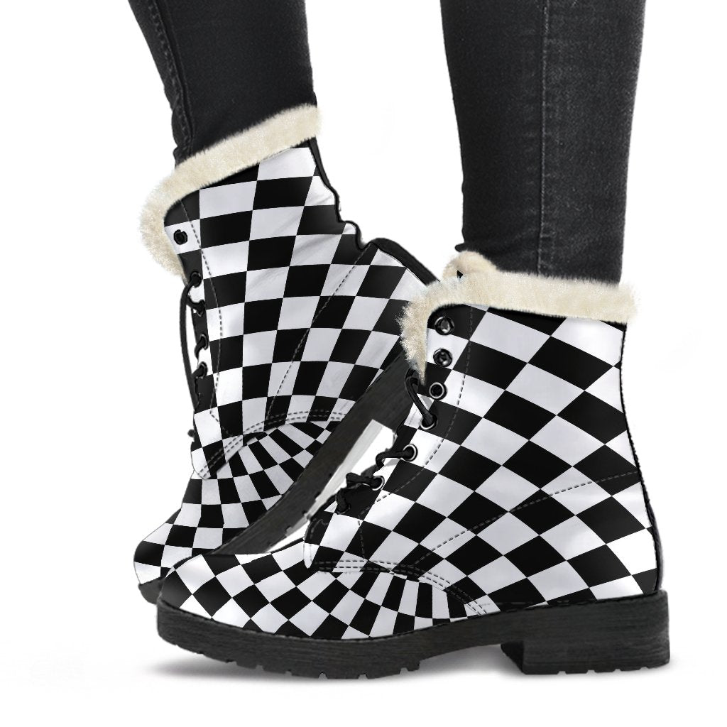 Checkered Flag Optical illusion Faux Fur Leather Boots-JTAMIGO.COM