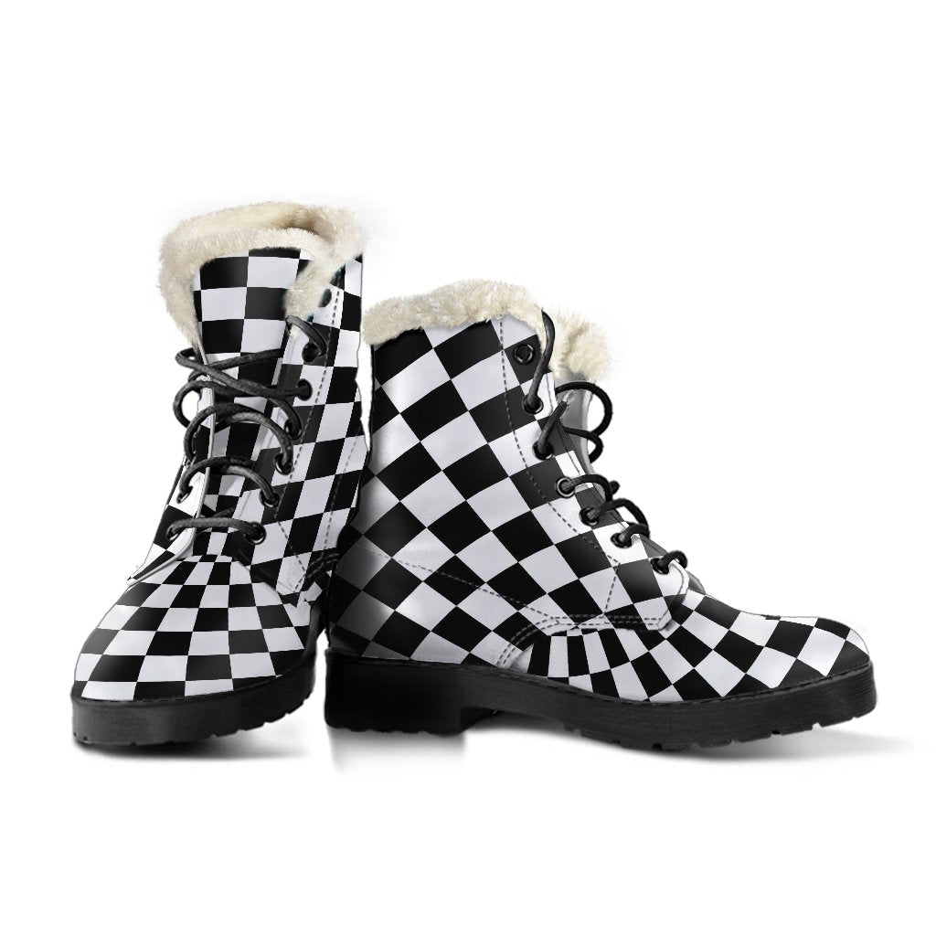 Checkered Flag Optical illusion Faux Fur Leather Boots-JTAMIGO.COM