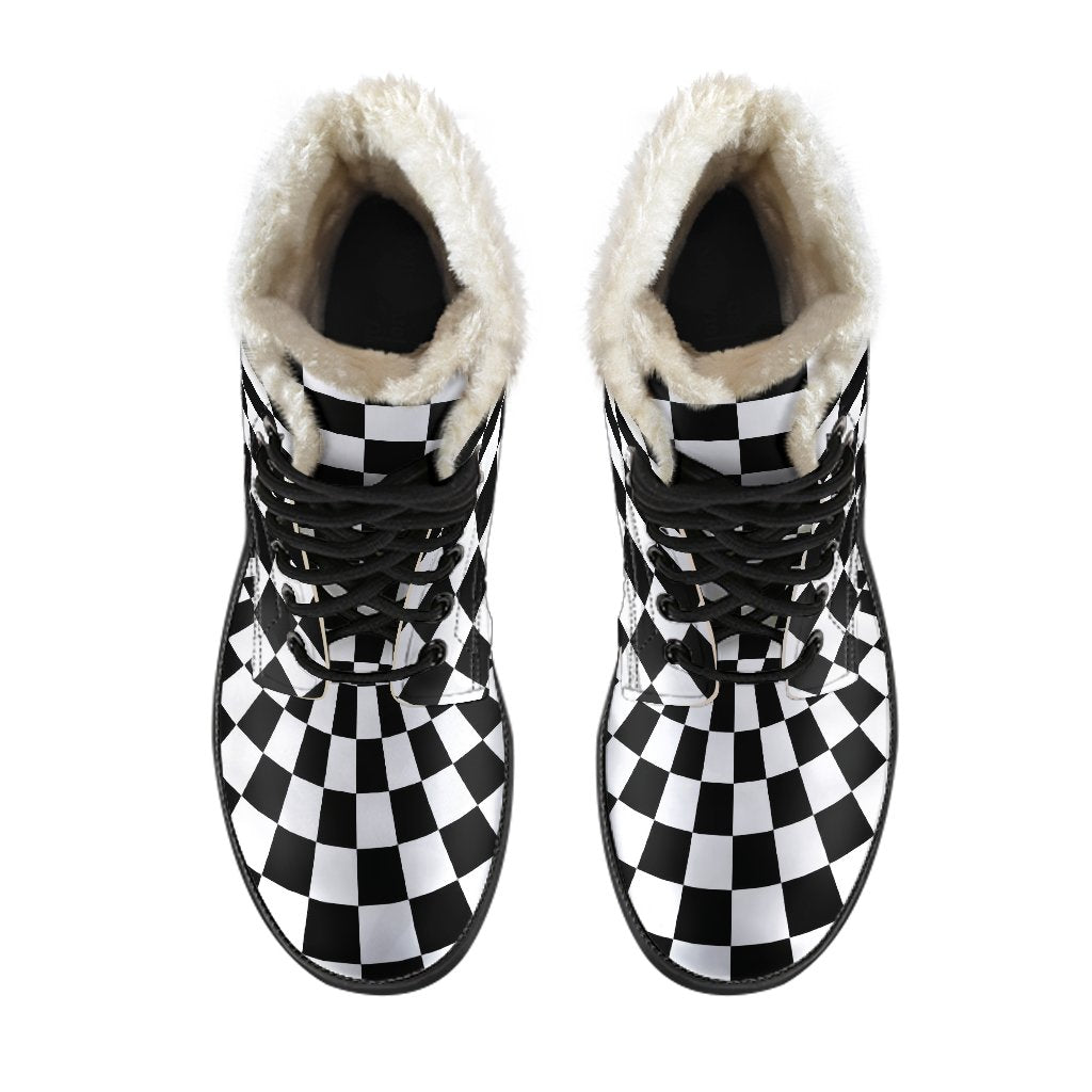 Checkered Flag Optical illusion Faux Fur Leather Boots-JTAMIGO.COM