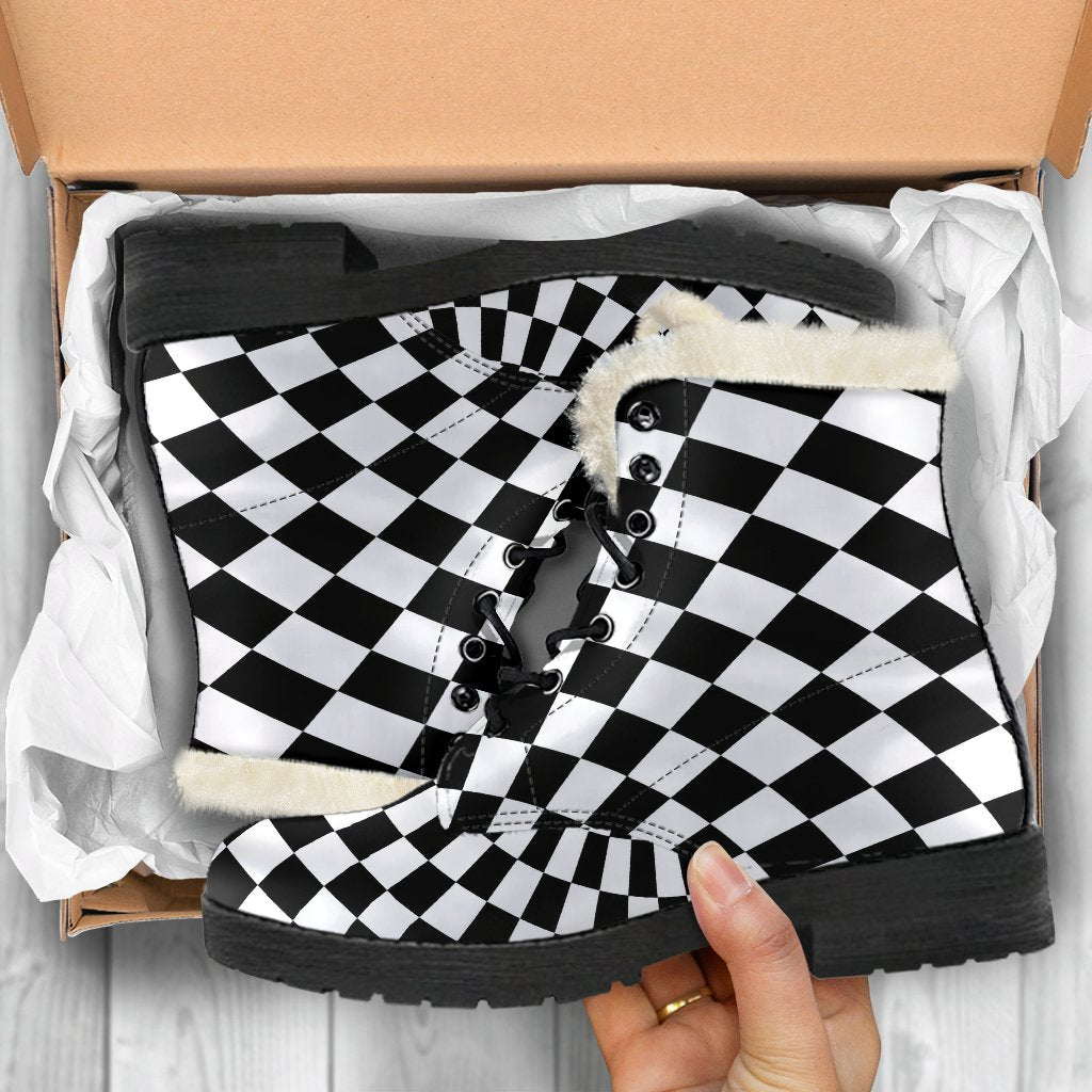 Checkered Flag Optical illusion Faux Fur Leather Boots-JTAMIGO.COM
