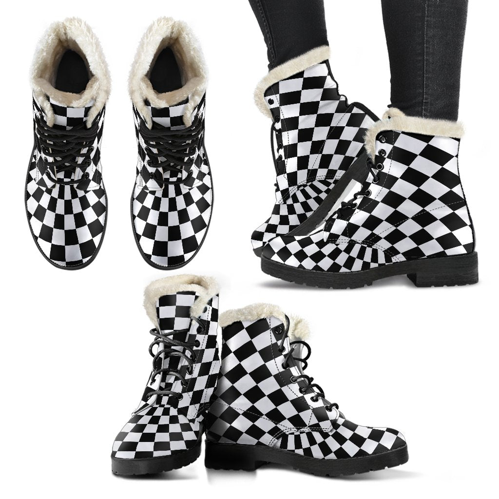 Checkered Flag Optical illusion Faux Fur Leather Boots-JTAMIGO.COM