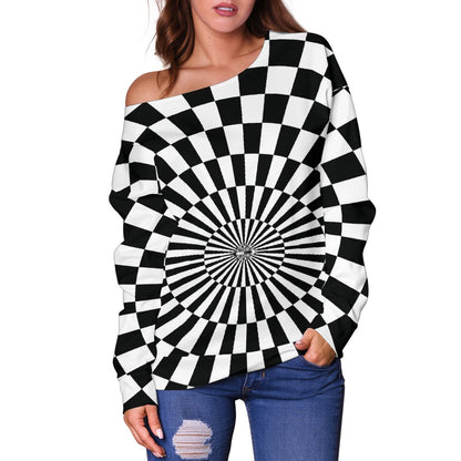 Checkered Flag Optical illusion Off Shoulder Sweatshirt