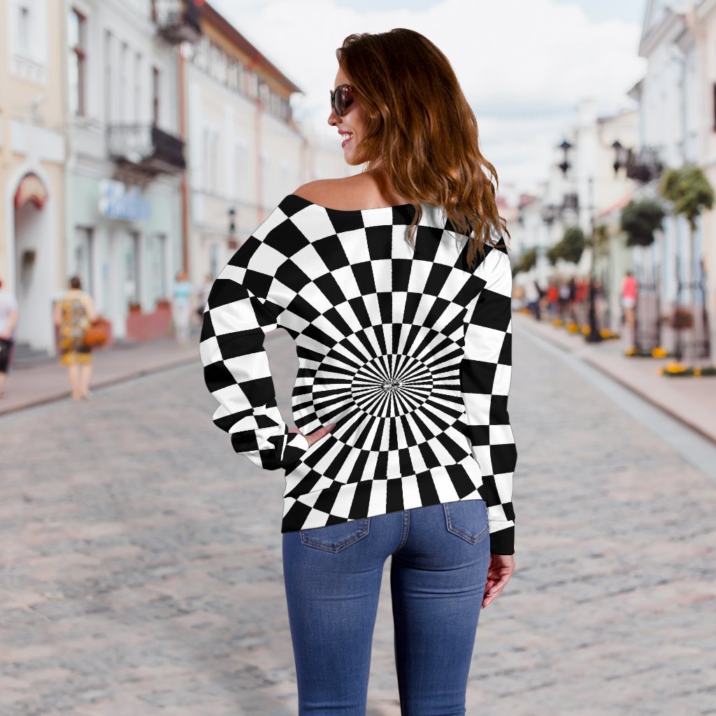Checkered Flag Optical illusion Off Shoulder Sweatshirt