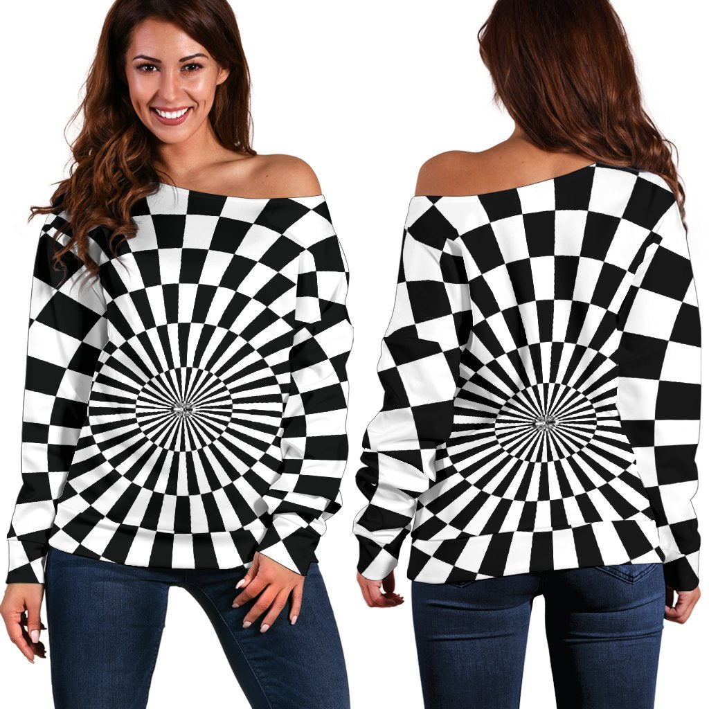 Checkered Flag Optical illusion Off Shoulder Sweatshirt
