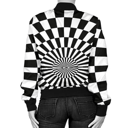 Checkered Flag Optical illusion Women Casual Bomber Jacket
