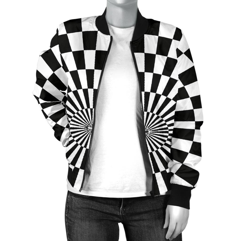 Checkered Flag Optical illusion Women Casual Bomber Jacket
