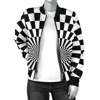 Checkered Flag Optical illusion Women Casual Bomber Jacket