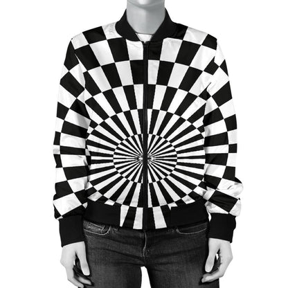 Checkered Flag Optical illusion Women Casual Bomber Jacket