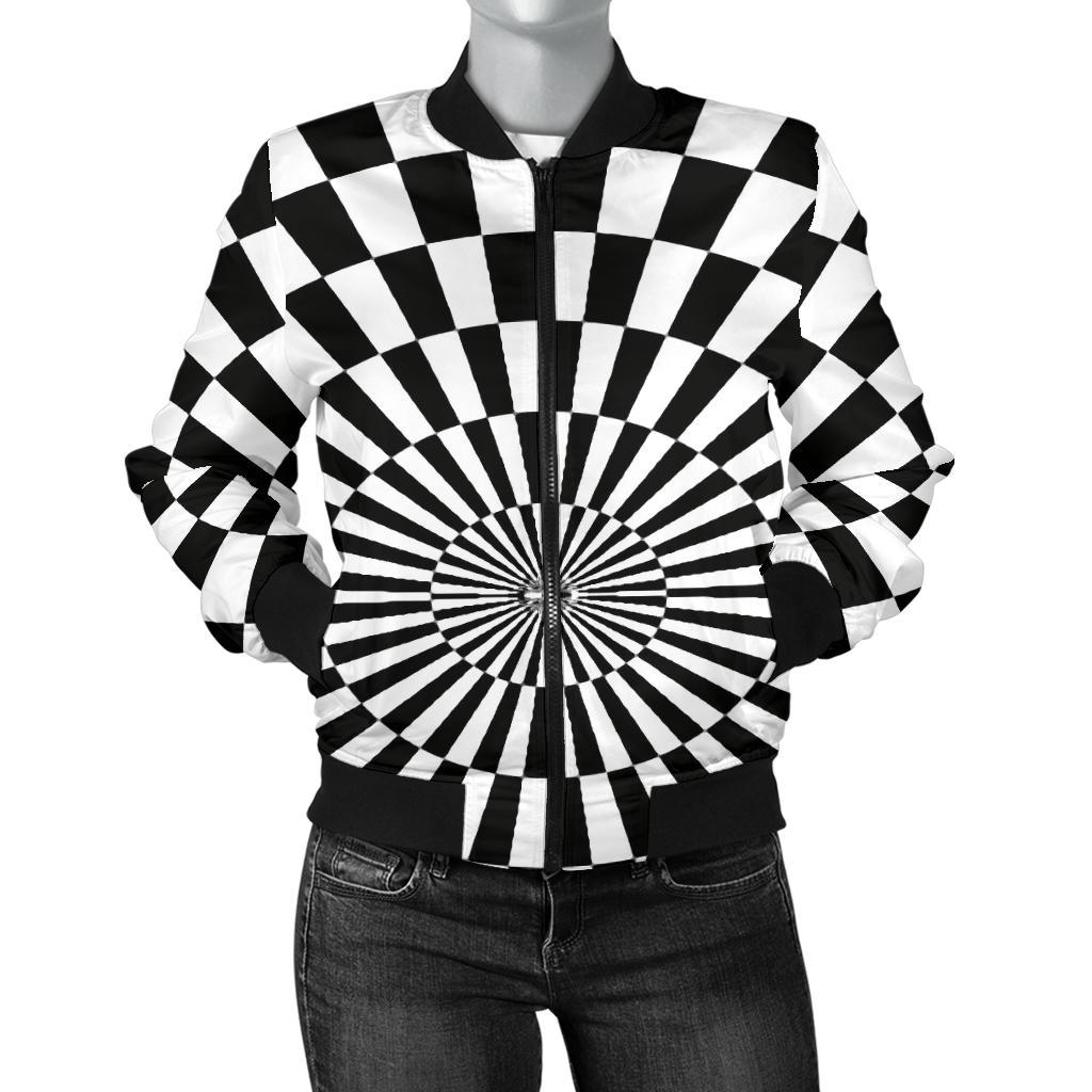 Checkered Flag Optical illusion Women Casual Bomber Jacket