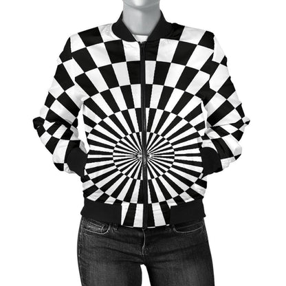 Checkered Flag Optical illusion Women Casual Bomber Jacket