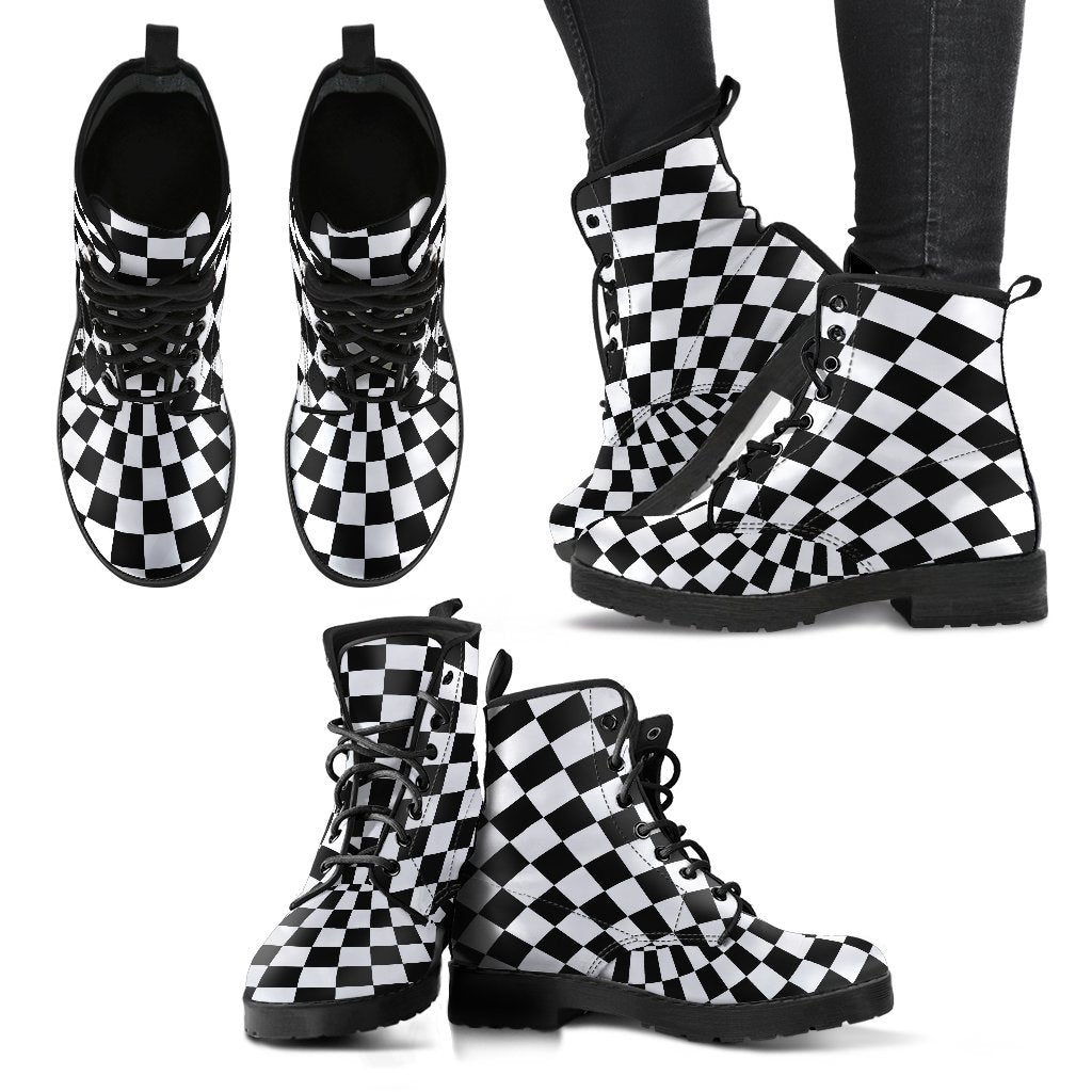 Checkered Flag Optical illusion Women Leather Boots-JTAMIGO.COM