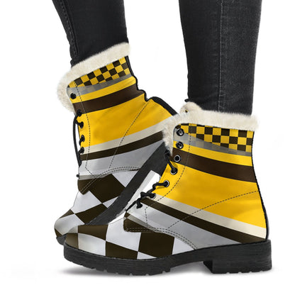 Checkered Flag Racing Style Faux Fur Leather Boots-JTAMIGO.COM