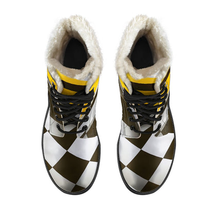 Checkered Flag Racing Style Faux Fur Leather Boots-JTAMIGO.COM