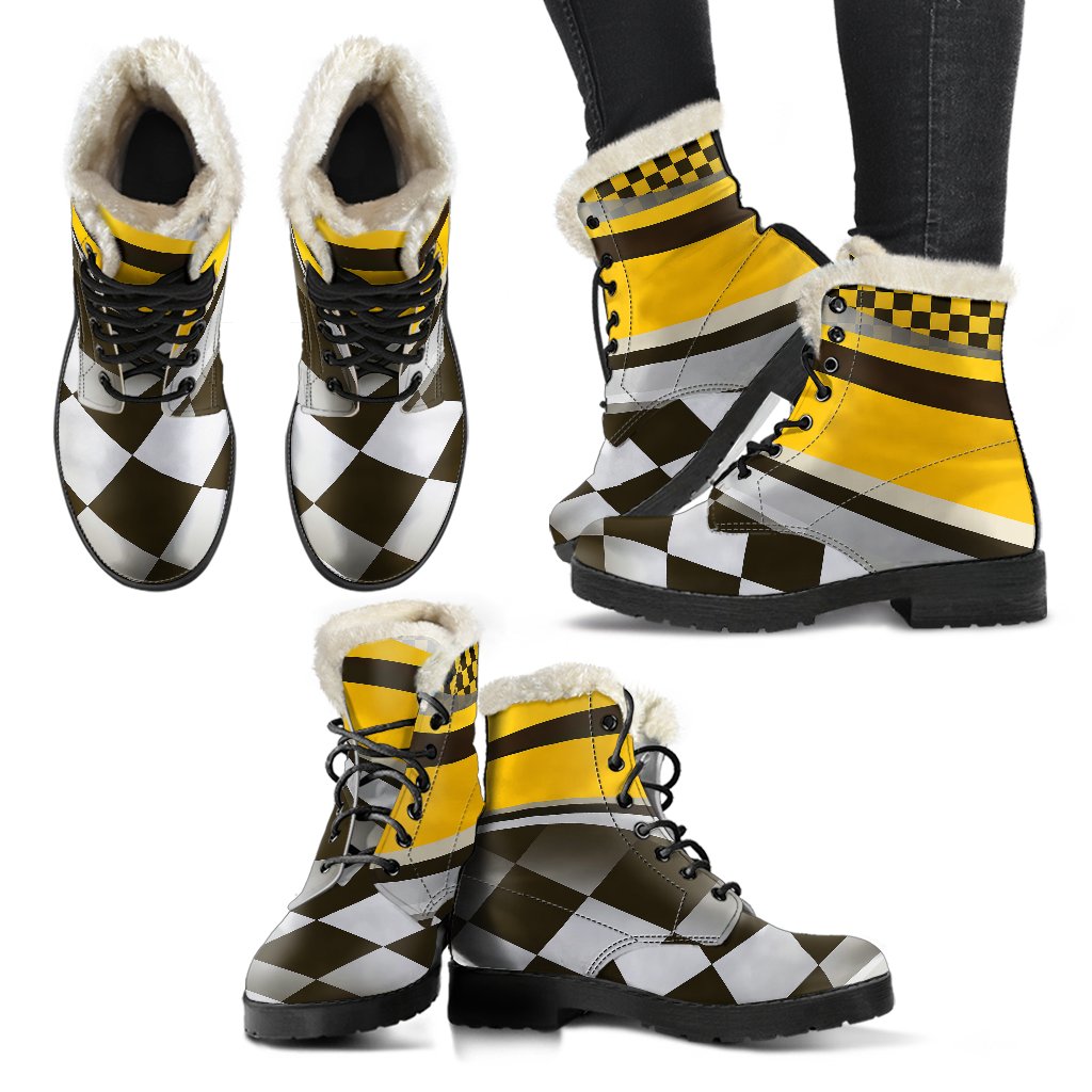 Checkered Flag Racing Style Faux Fur Leather Boots-JTAMIGO.COM
