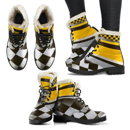 Checkered Flag Racing Style Faux Fur Leather Boots-JTAMIGO.COM
