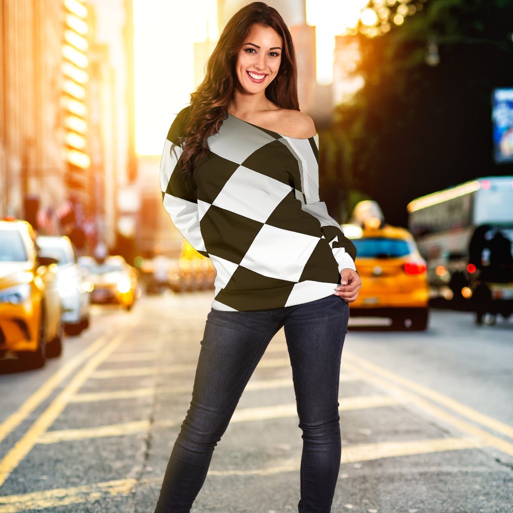 Checkered Flag Racing Style Off Shoulder Sweatshirt