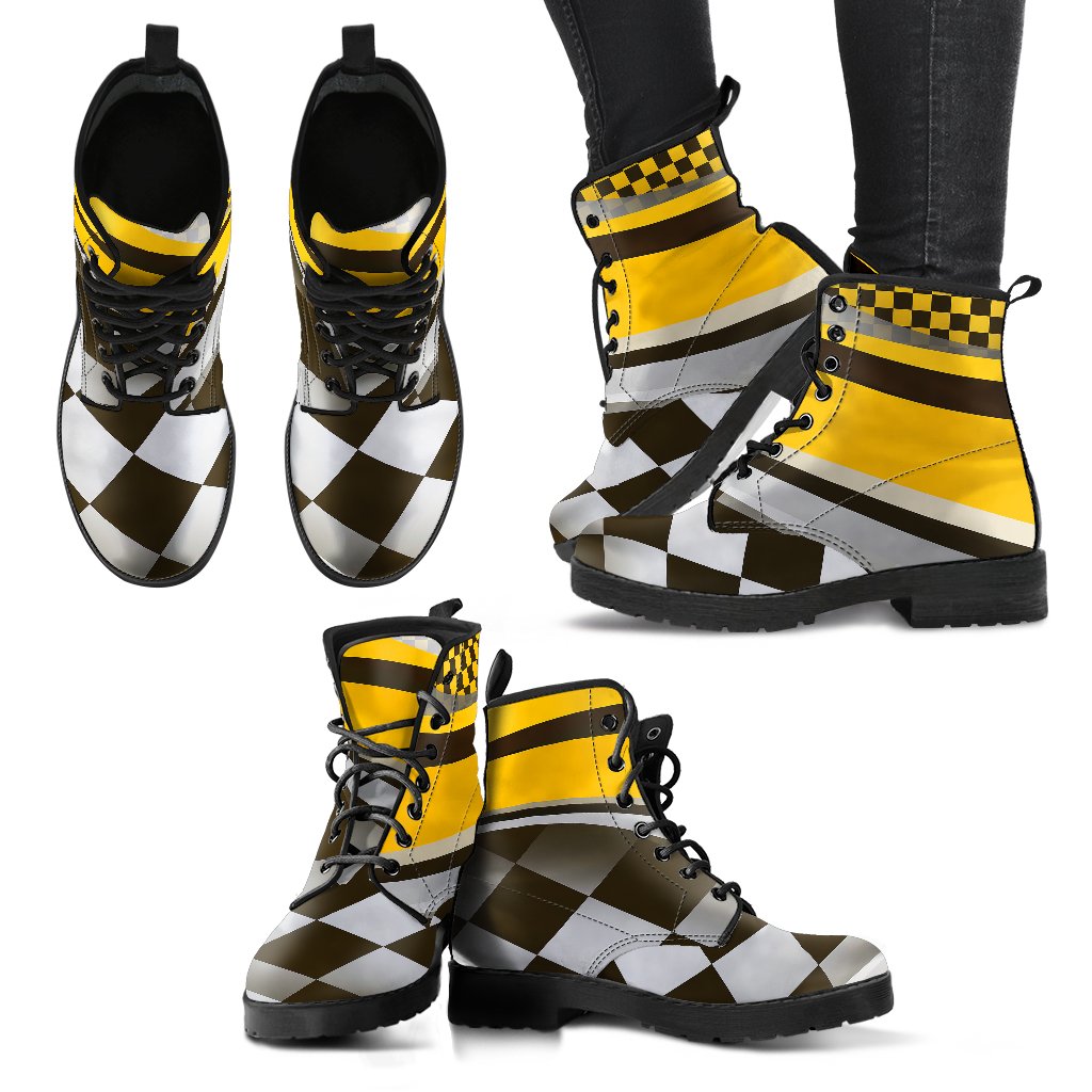 Checkered Flag Racing Style Women Leather Boots-JTAMIGO.COM