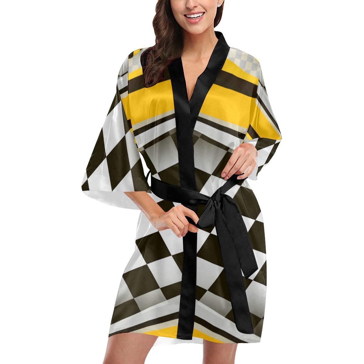 Checkered Flag Racing Style Women Short Kimono Robe