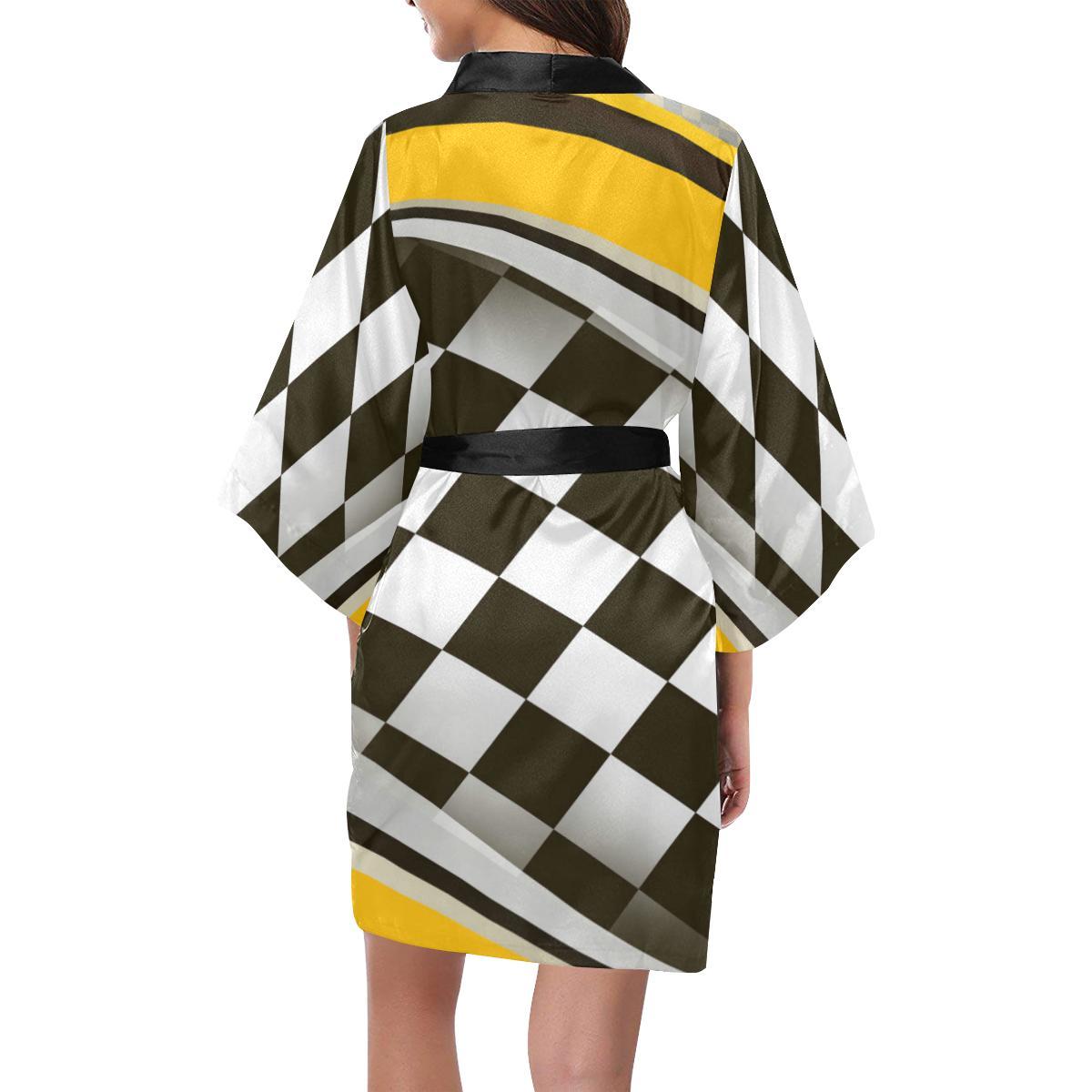 Checkered Flag Racing Style Women Short Kimono Robe